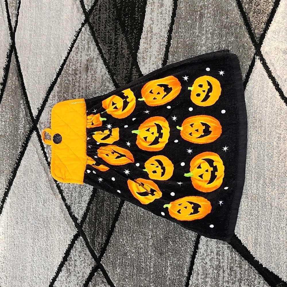 VINTAGE HANDMADE HANGING HALLOWEEN POT HOLDER DOUBLE KITCHEN TOWEL